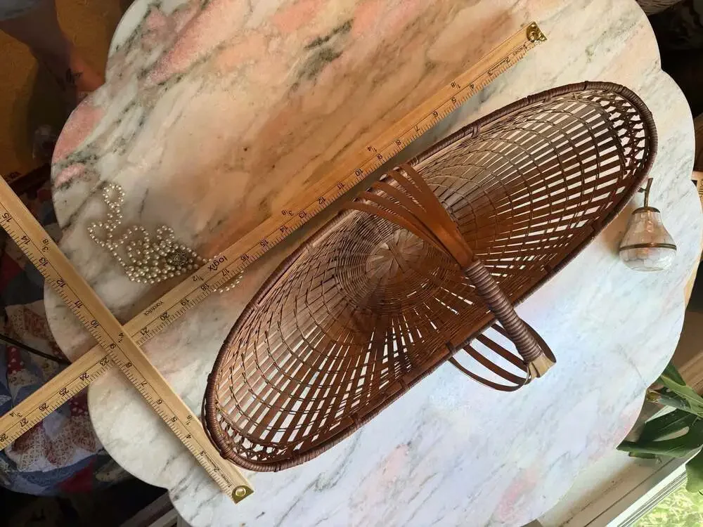 Vintage Mid-Century Modern Oblong Bamboo Rattan Boat Shaped Bread Basket with Sc